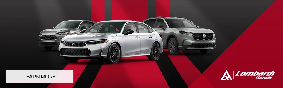 Three 2026 Honda models, Civic, HR-V and CR-V, showcased by Lombardi Honda Montreal.