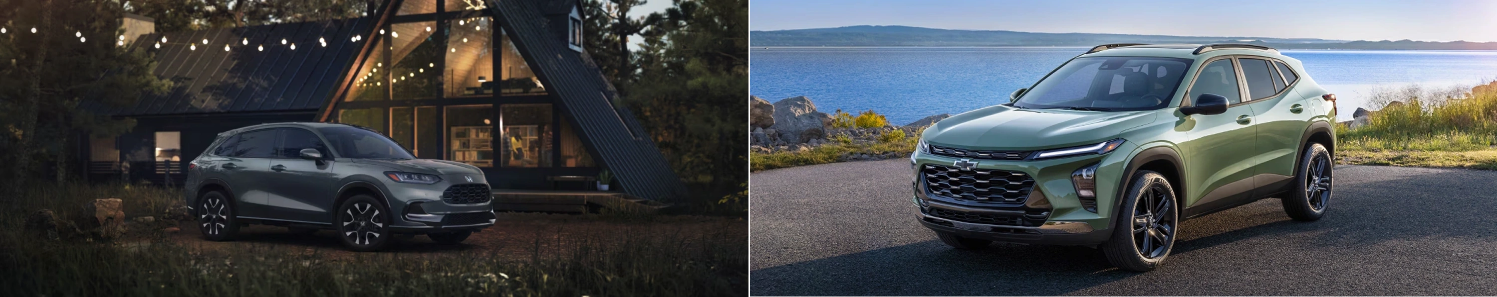 Exterior view of the gray Honda HR-V parked in front of a modern cabin and the green Chevrolet Trax parked by the water.