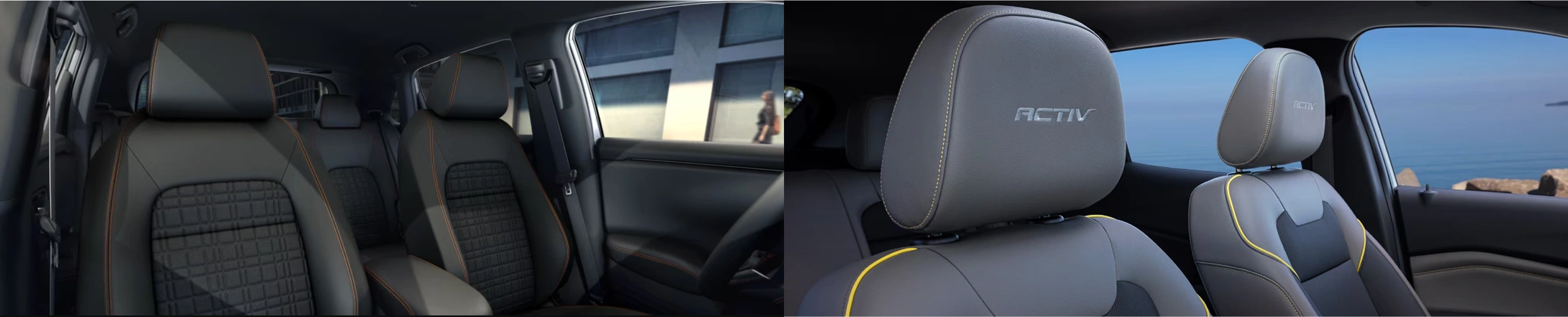Interior comparison: front seats of the Honda HR-V with orange stitching and front seats of the Chevrolet Trax with ACTV headrest.