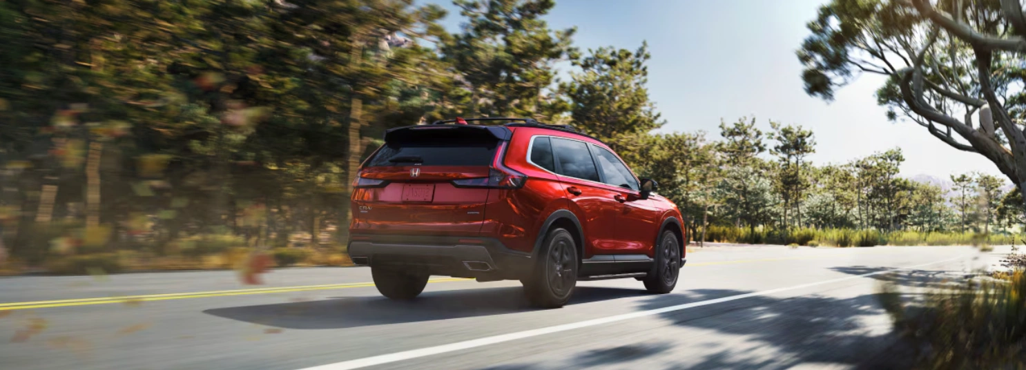 2025 Honda CR-V in red driving along a scenic road lined with trees, showcasing performance and versatility.