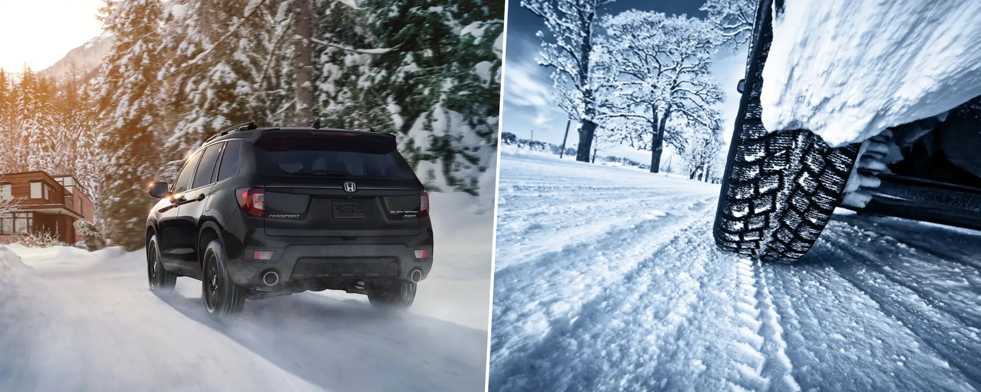 Honda Passport roulant sur une route eneigée l'hiver avec des pneus d'hiver ou 4 saisons