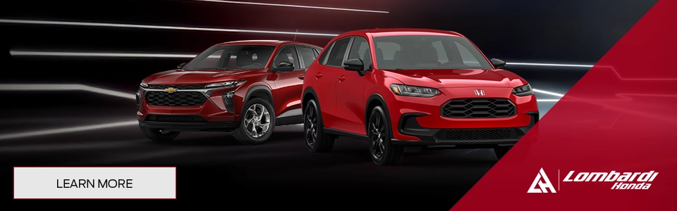 Two compact SUVs, a red Honda HR-V and a dark red Chevrolet Trax, shown side by side on a dark background with the Lombardi Honda logo.